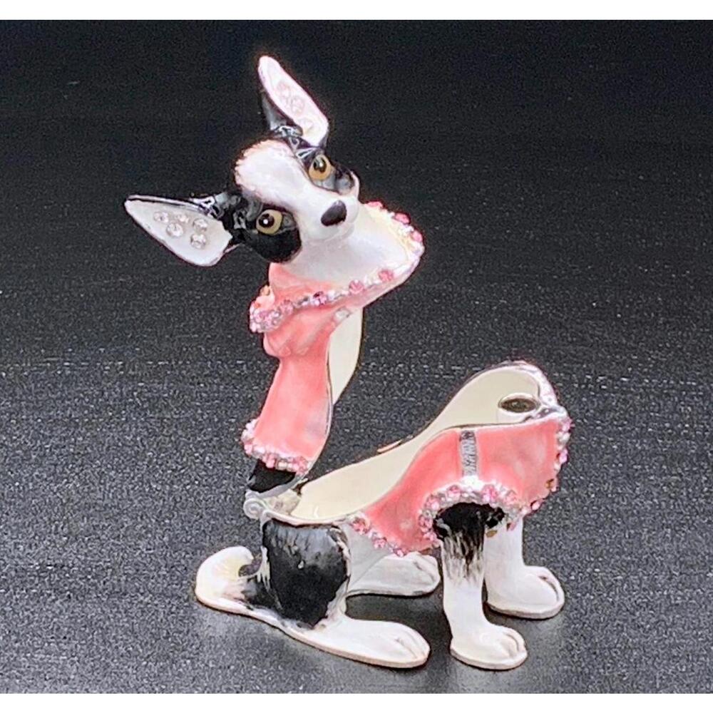 Boston Terrier Dog Jeweled Trinket Box Pink Enamel Rhinestone Figurine - Picture 3 of 4